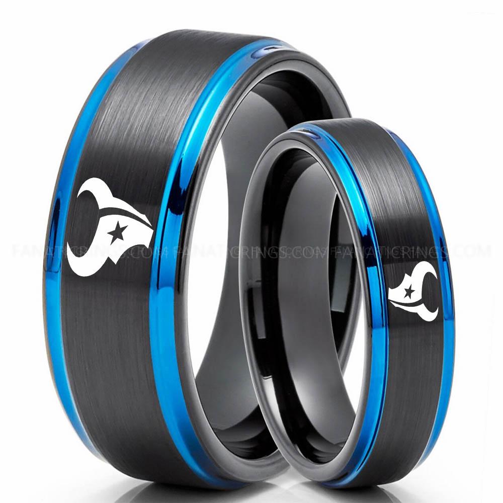 Star Head Black Blue 3 Texans Ring, Texans Wedding Band, Texans Wedding Ring, Texans Jewelry, Football Ring, Football Wedding Band - Image 1