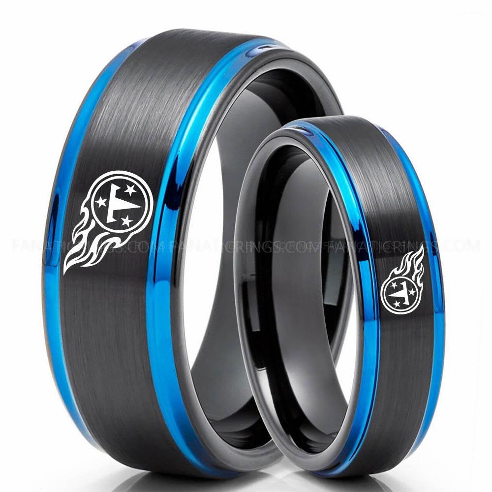 T & 3 Star Black Blue 3 Titans Ring, Titans Wedding Band, Titans Wedding Ring, Titans Jewelry, Football Ring, Football Wedding Band - Image 1
