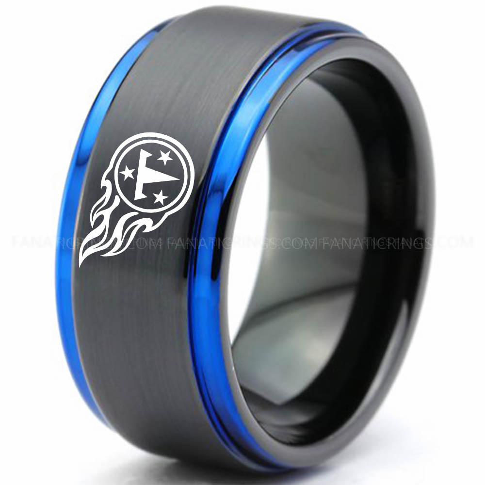 T & 3 Star Black Blue Titans Ring, Titans Wedding Band, Titans Wedding Ring, Titans Jewelry, Football Ring, Football Wedding Band - Image 1