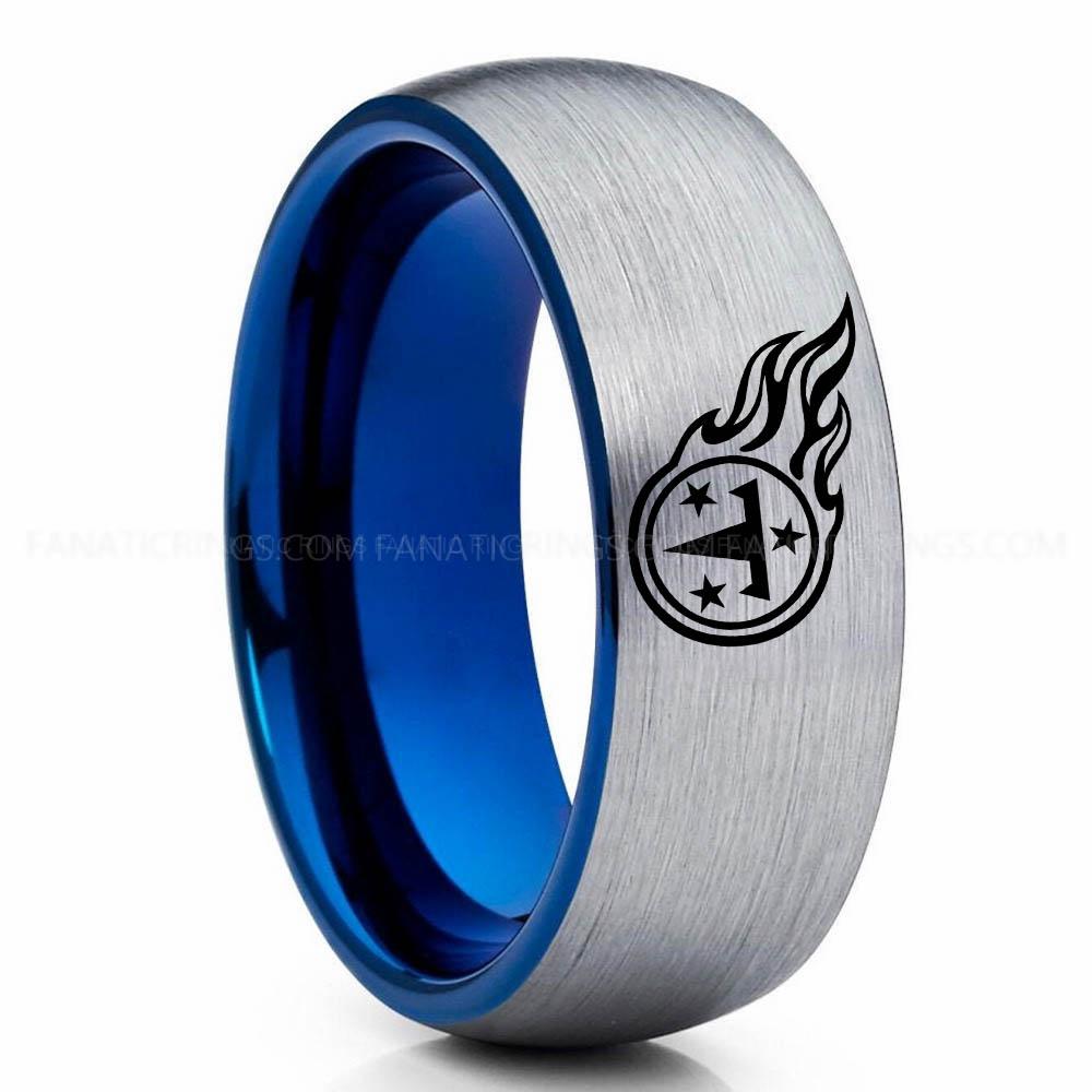 T & 3 Star Silver Blue Titans Ring, Titans Wedding Band, Titans Wedding Ring, Titans Jewelry, Football Ring, Football Wedding Band - Image 1