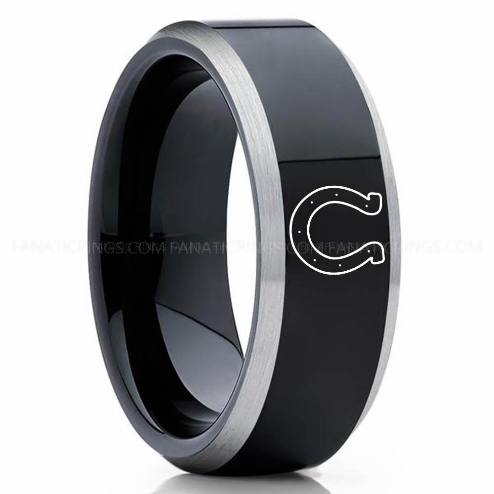 U logo black silver 2 Colts Ring, Colts Wedding Band, Colts Wedding Ring, Colts Jewelry, Football Ring, Football Wedding Band - Image 1