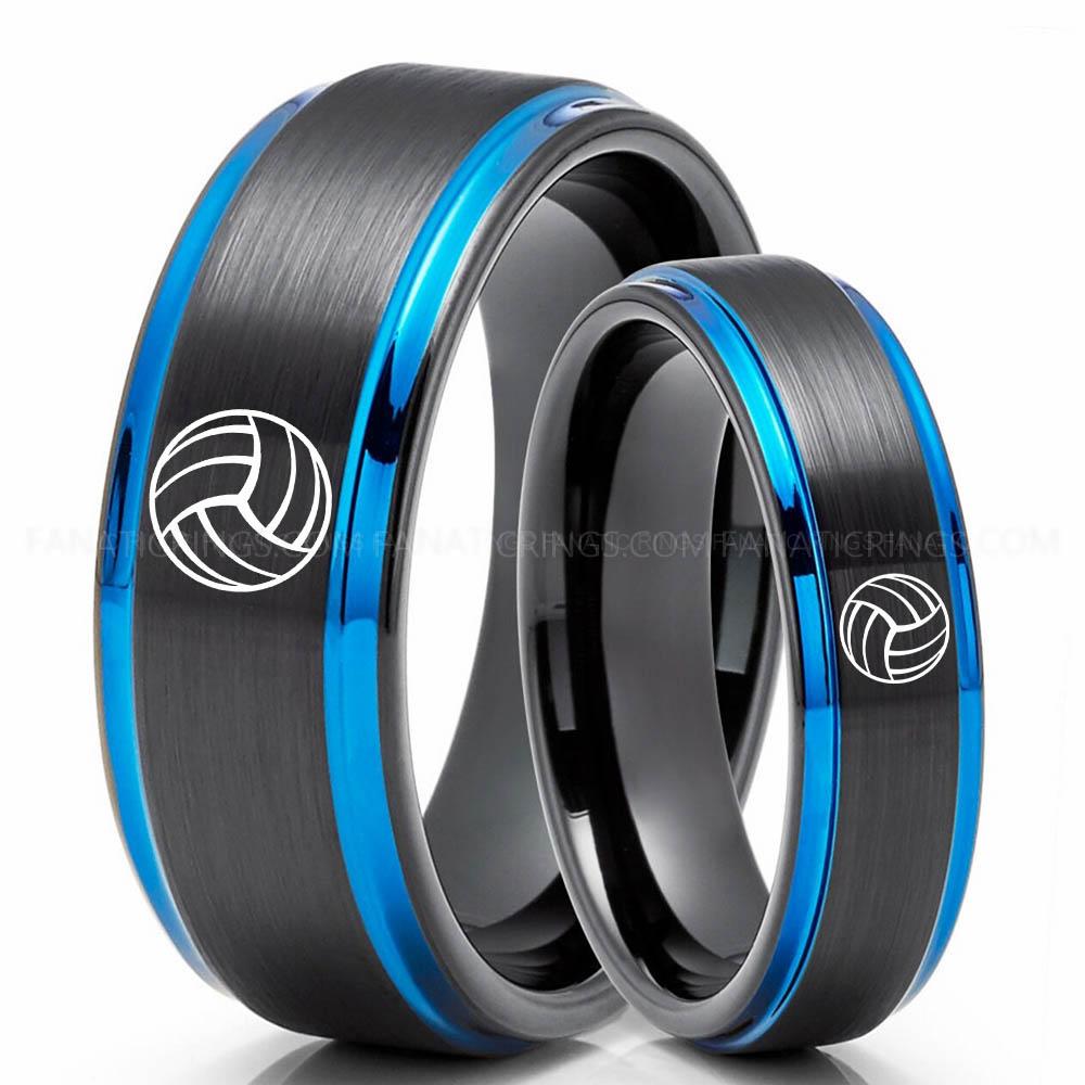 Volleyball 1 Black Blue 2 Volleyball Ring, Volleyball Wedding Band, Volleyball Wedding Ring, Volleyball Jewelry - Image 1