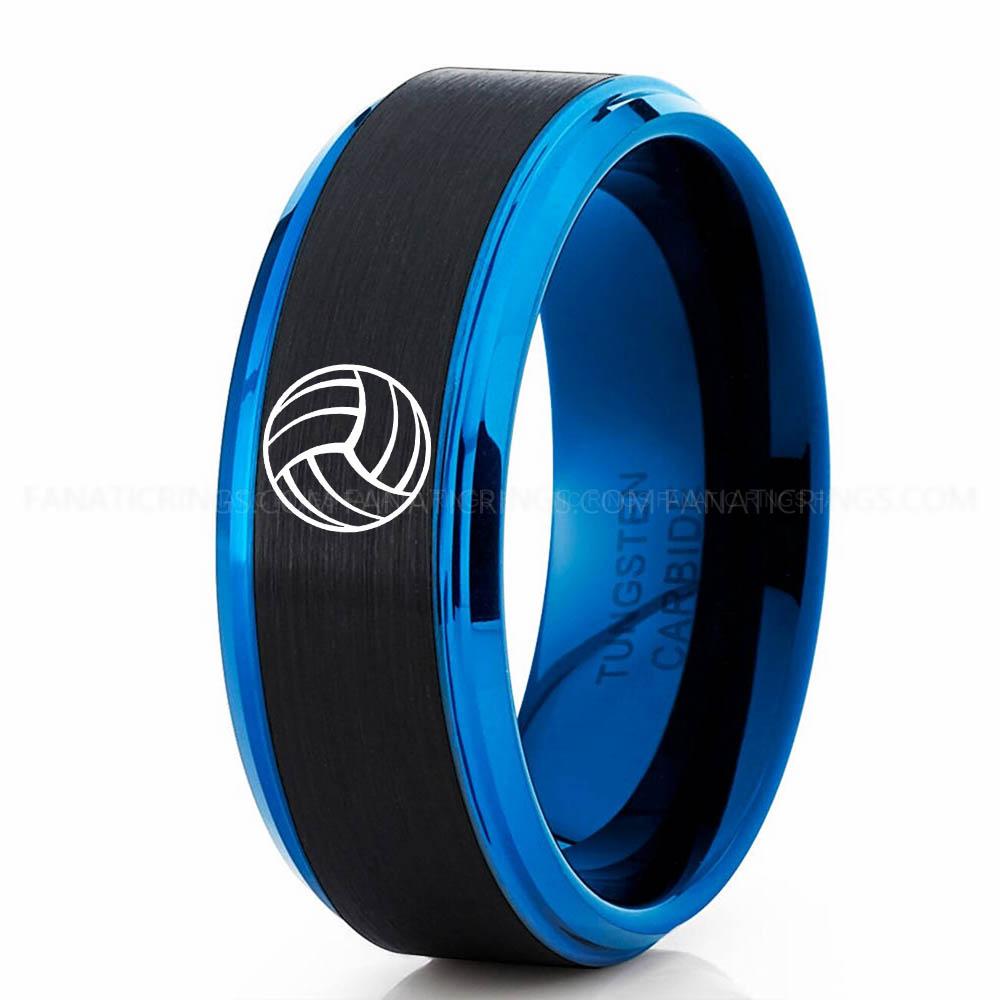 Volleyball 1 Black Blue 3 Volleyball Ring, Volleyball Wedding Band, Volleyball Wedding Ring, Volleyball Jewelry - Image 1