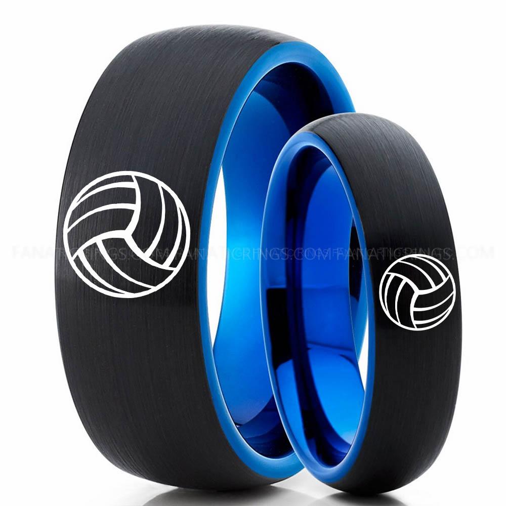 Volleyball 1 Black Blue Volleyball Ring, Volleyball Wedding Band, Volleyball Wedding Ring, Volleyball Jewelry - Image 1