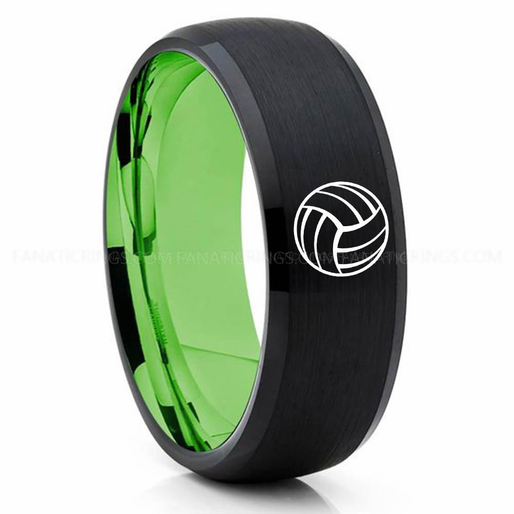 Volleyball 1 Black Green Volleyball Ring, Volleyball Wedding Band, Volleyball Wedding Ring, Volleyball Jewelry - Image 1