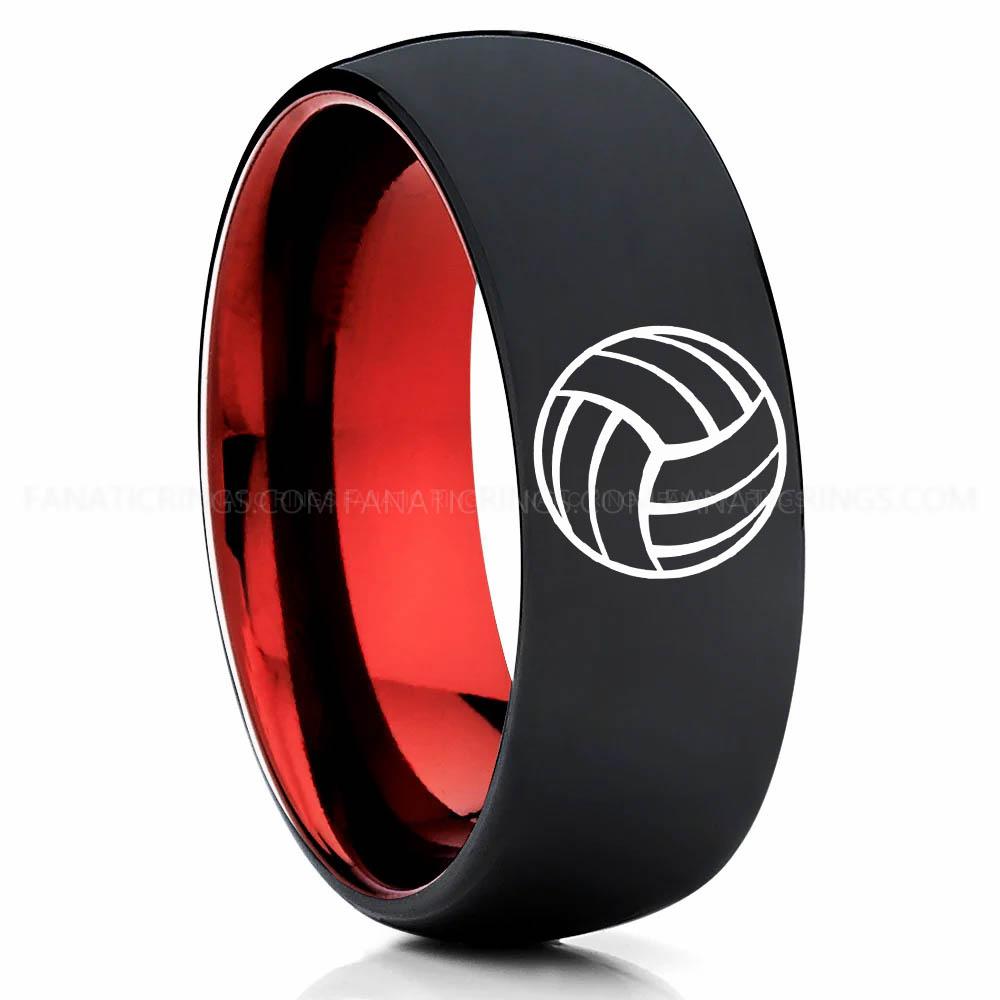 Volleyball 1 Black Red Volleyball Ring, Volleyball Wedding Band, Volleyball Wedding Ring, Volleyball Jewelry - Image 1