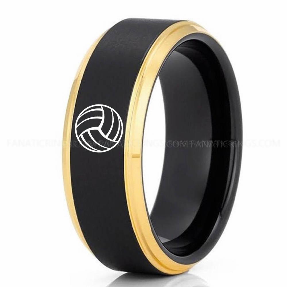 Volleyball 1 Black Yellow 2 Volleyball Ring, Volleyball Wedding Band, Volleyball Wedding Ring, Volleyball Jewelry - Image 1