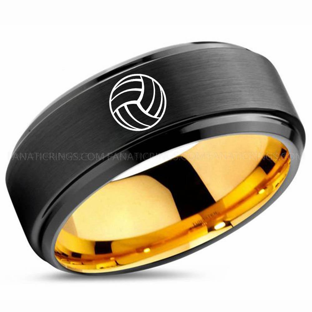 Volleyball 1 Black Yellow 3 Volleyball Ring, Volleyball Wedding Band, Volleyball Wedding Ring, Volleyball Jewelry - Image 1