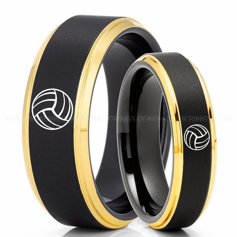 Volleyball 1 Black Yellow Volleyball Ring, Volleyball Wedding Band, Volleyball Wedding Ring, Volleyball Jewelry - Image 1