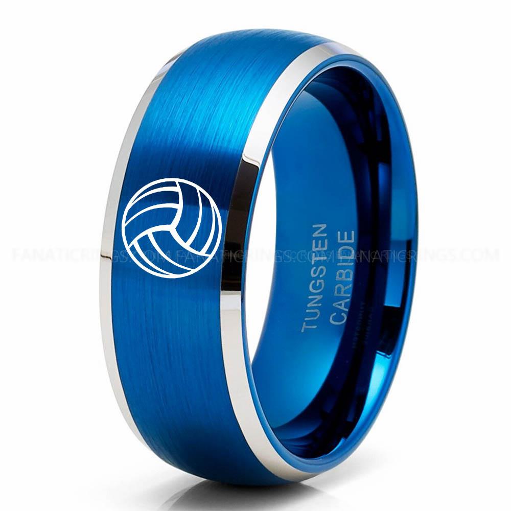 Volleyball 1 Blue Silver Volleyball Ring, Volleyball Wedding Band, Volleyball Wedding Ring, Volleyball Jewelry - Image 1