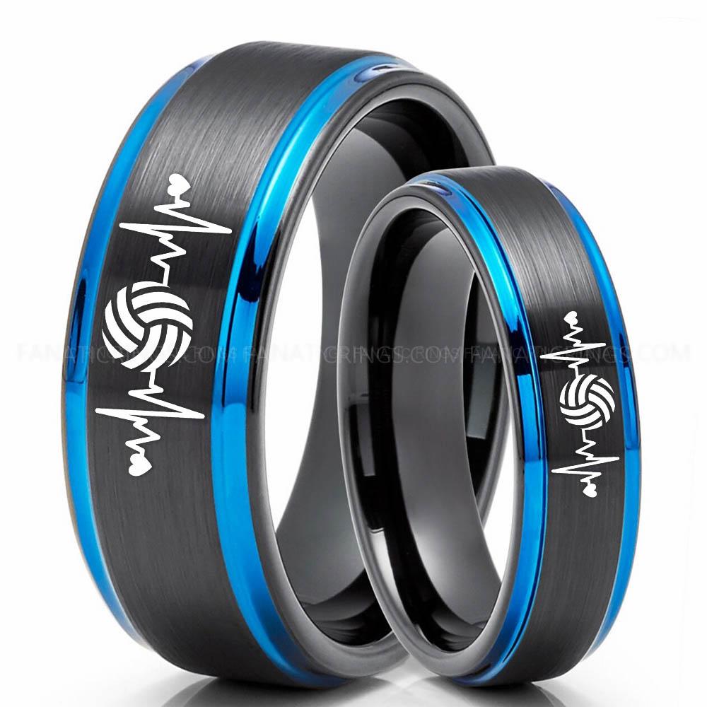 Volleyball 2 Black Blue 2 Volleyball Ring, Volleyball Wedding Band, Volleyball Wedding Ring, Volleyball Jewelry - Image 1