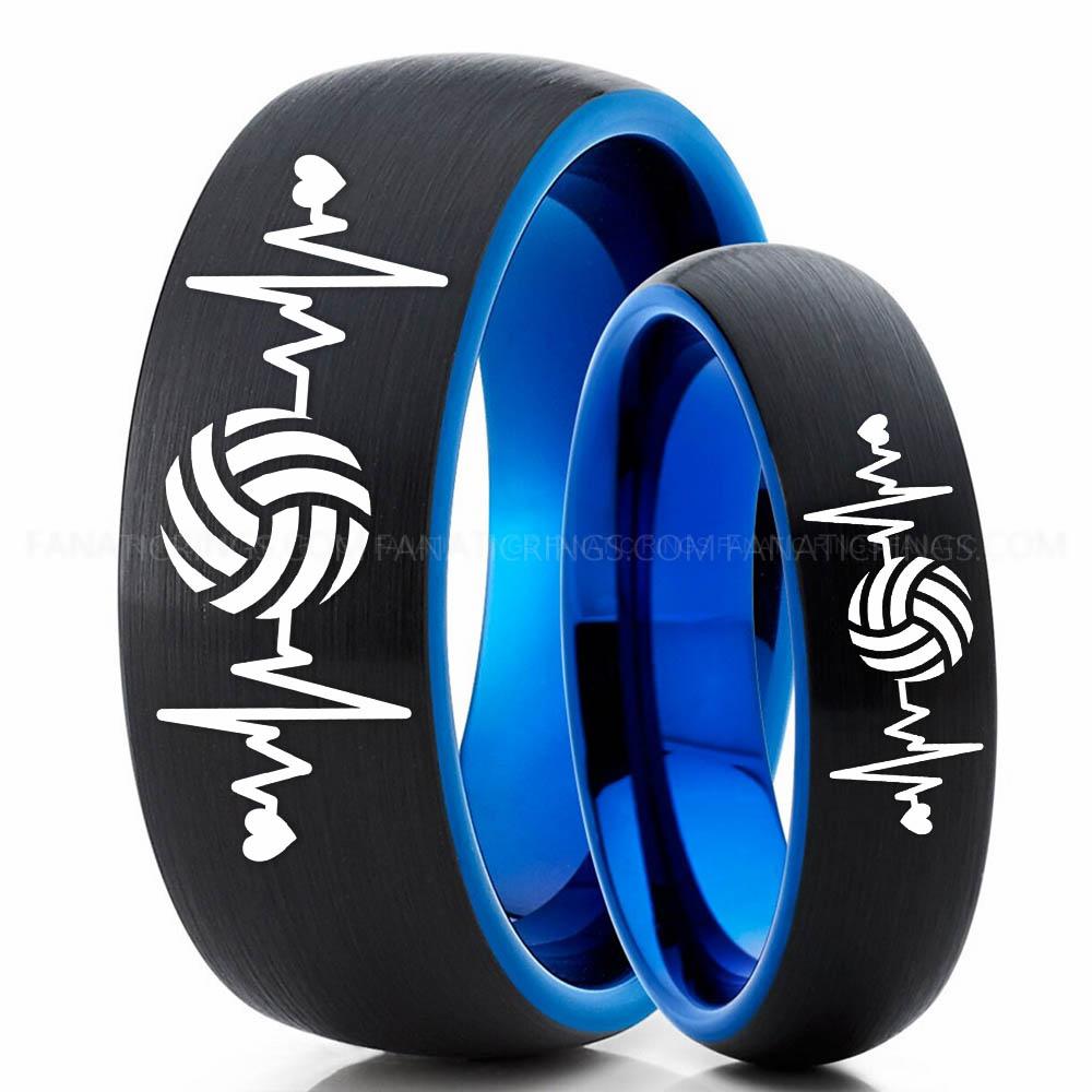 Volleyball 2 Black Blue 3 Volleyball Ring, Volleyball Wedding Band, Volleyball Wedding Ring, Volleyball Jewelry - Image 1