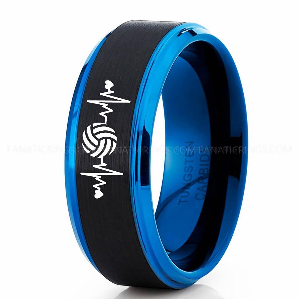 Volleyball 2 Black Blue Volleyball Ring, Volleyball Wedding Band, Volleyball Wedding Ring, Volleyball Jewelry - Image 1