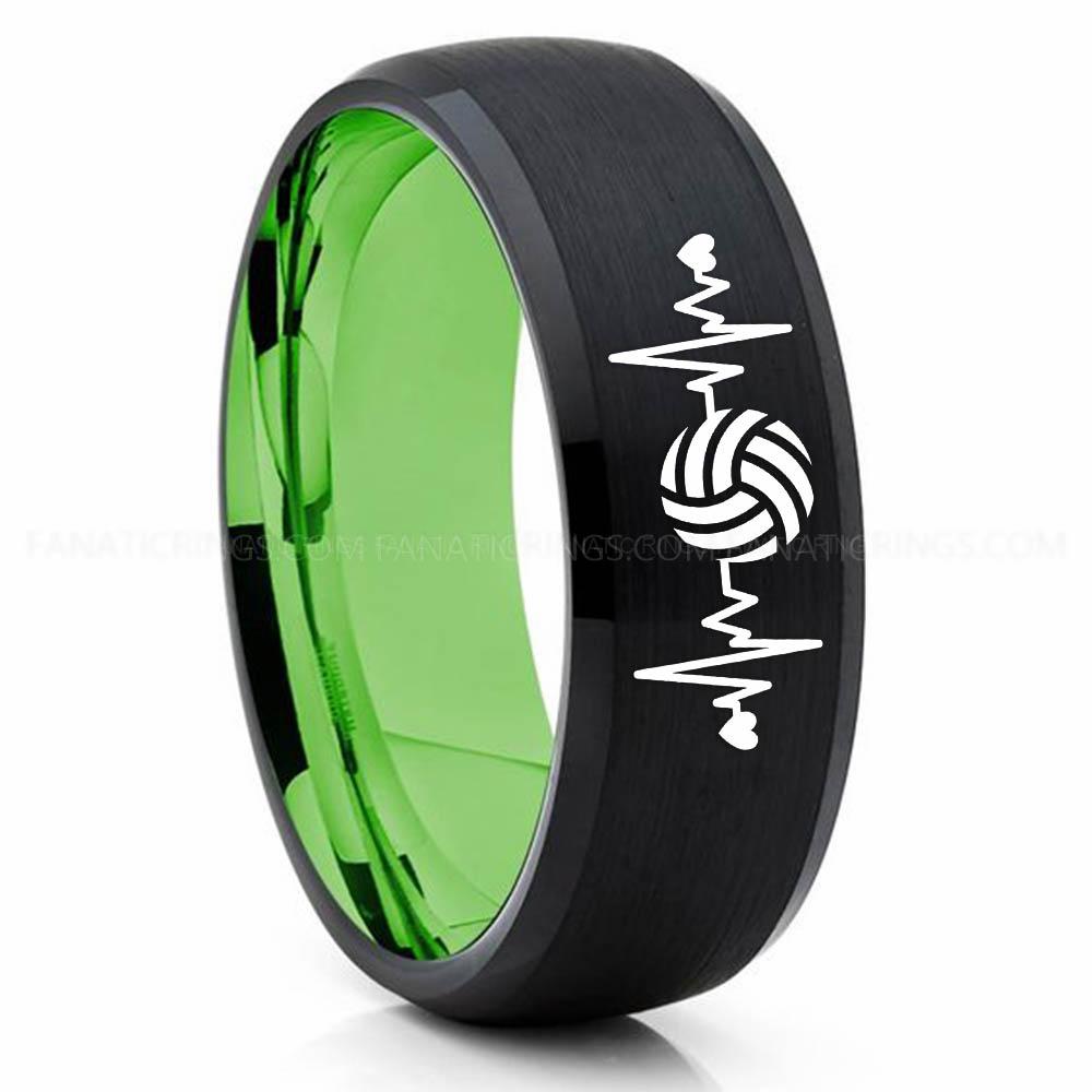 Volleyball 2 Black Green Volleyball Ring, Volleyball Wedding Band, Volleyball Wedding Ring, Volleyball Jewelry - Image 1