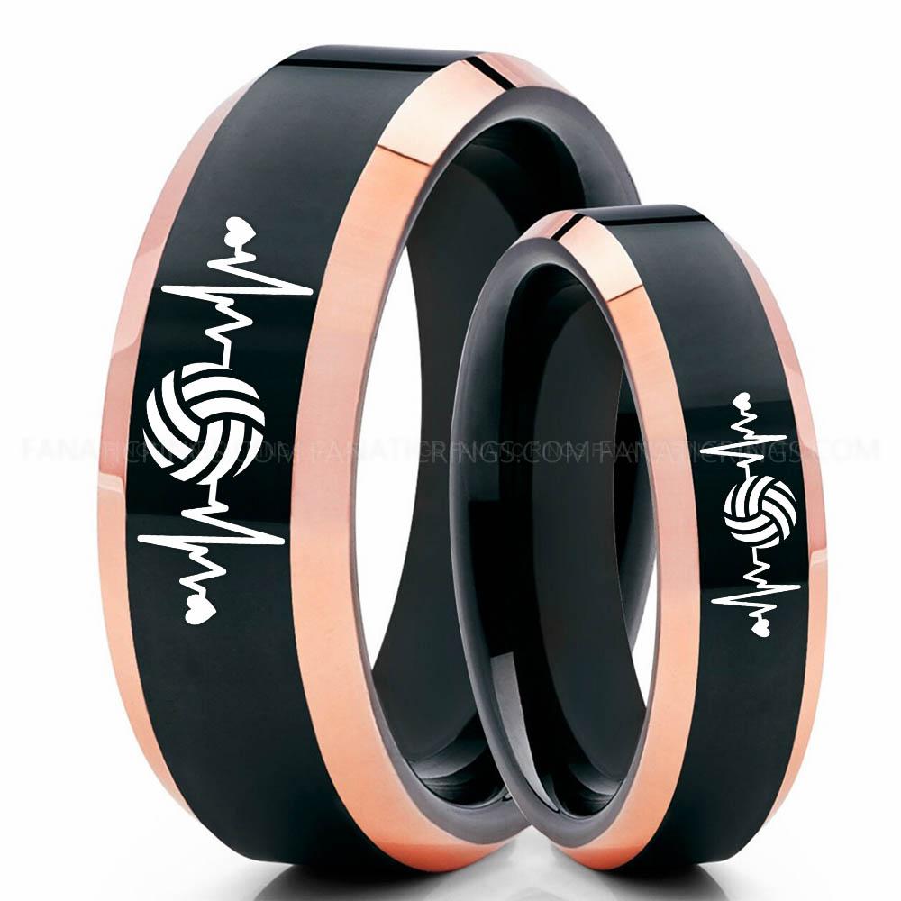 Volleyball 2 Black Pink 4 Volleyball Ring, Volleyball Wedding Band, Volleyball Wedding Ring, Volleyball Jewelry - Image 1
