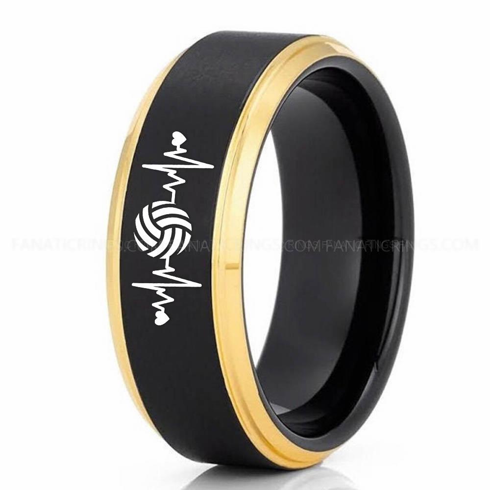 Volleyball 2 Black Yellow 2 Volleyball Ring, Volleyball Wedding Band, Volleyball Wedding Ring, Volleyball Jewelry - Image 1