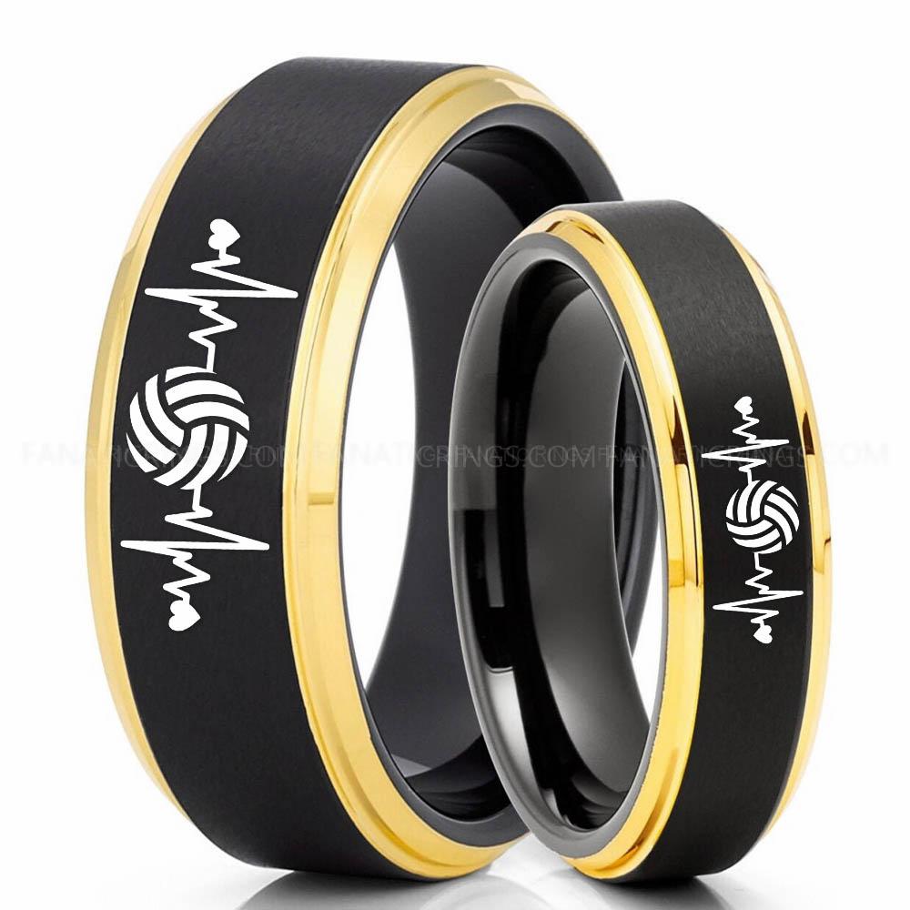 Volleyball 2 Black Yellow 3 Volleyball Ring, Volleyball Wedding Band, Volleyball Wedding Ring, Volleyball Jewelry - Image 1
