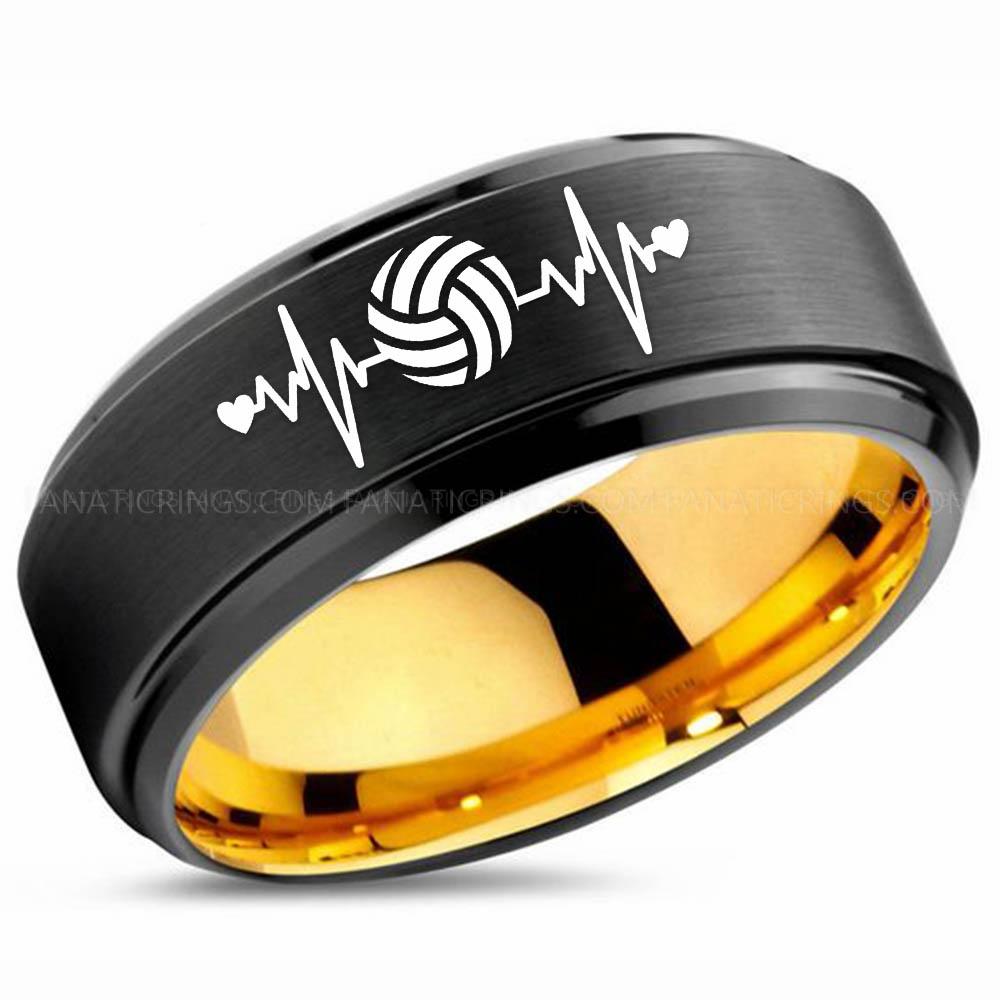 Volleyball 2 Black Yellow Volleyball Ring, Volleyball Wedding Band, Volleyball Wedding Ring, Volleyball Jewelry - Image 1