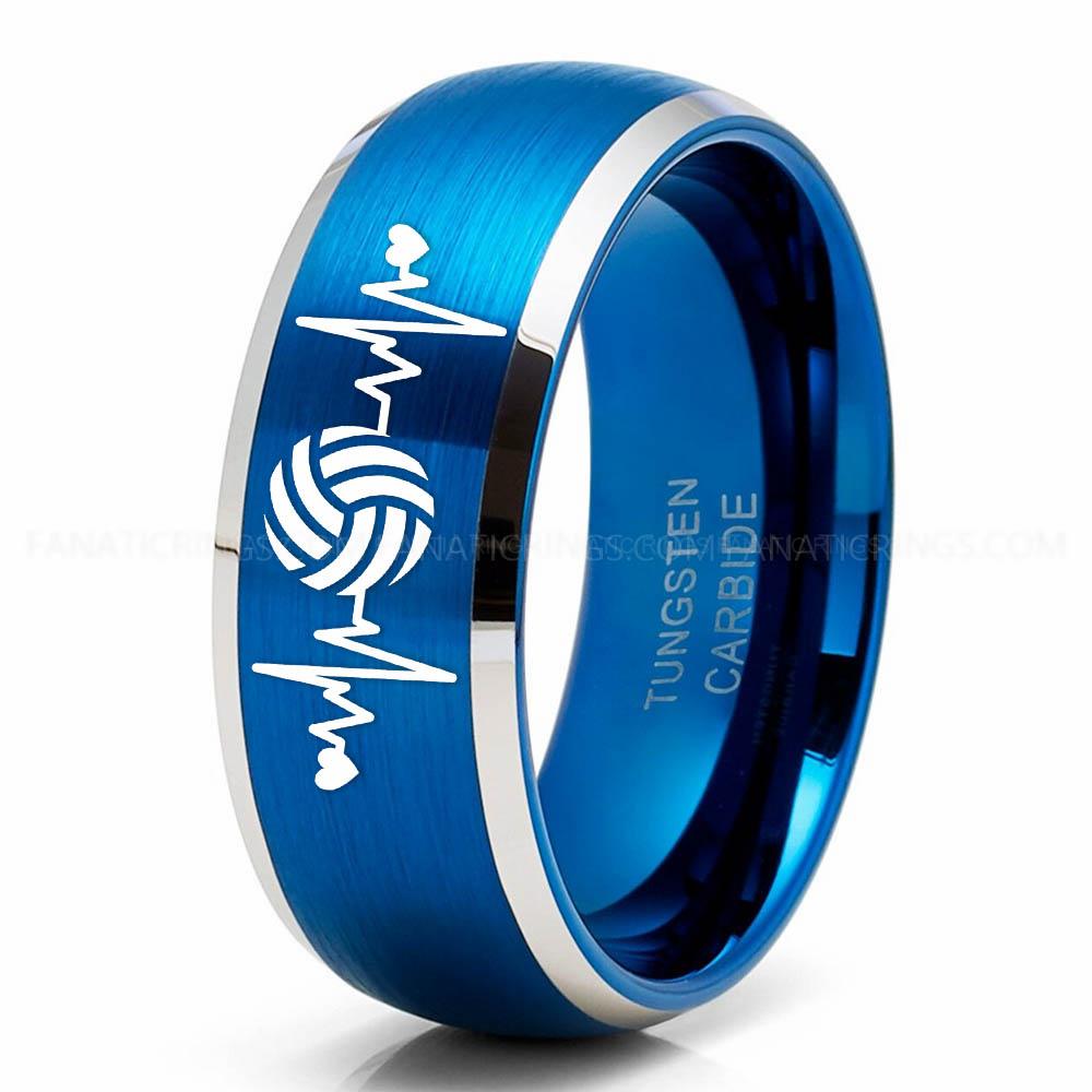 Volleyball 2 Blue Silver Volleyball Ring, Volleyball Wedding Band, Volleyball Wedding Ring, Volleyball Jewelry - Image 1