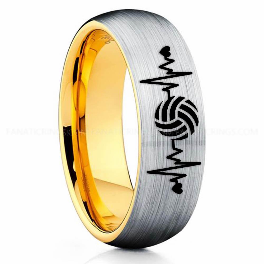 Volleyball 2 Silver Yellow Volleyball Ring, Volleyball Wedding Band, Volleyball Wedding Ring, Volleyball Jewelry - Image 1