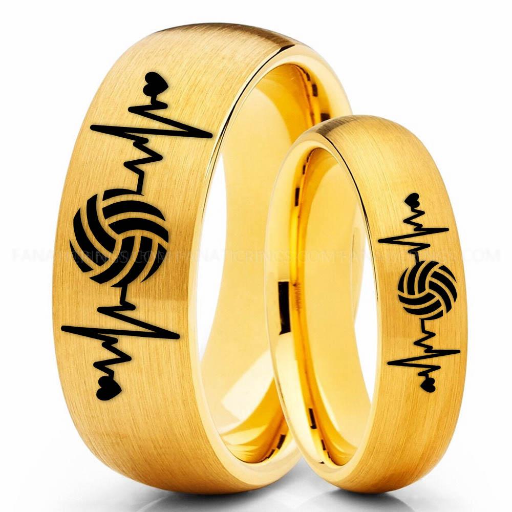 Volleyball 2 Yellow Volleyball Ring, Volleyball Wedding Band, Volleyball Wedding Ring, Volleyball Jewelry - Image 1