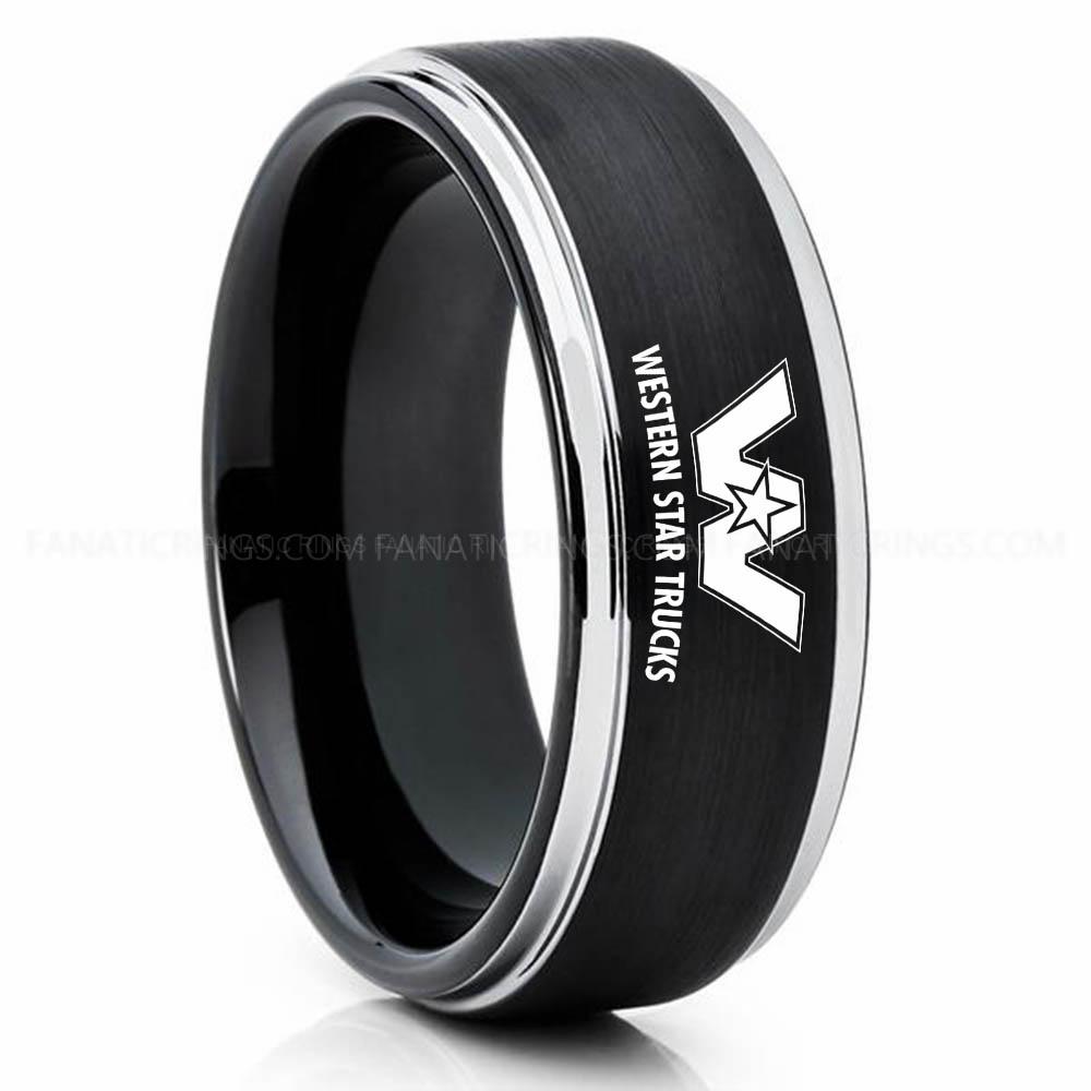 WST Black Silver 2 Western Star Trucks Ring, Western Star Trucks Wedding Ring, Trucker Ring, Western Star Wedding Band, Western Star Jewelry - Image 1