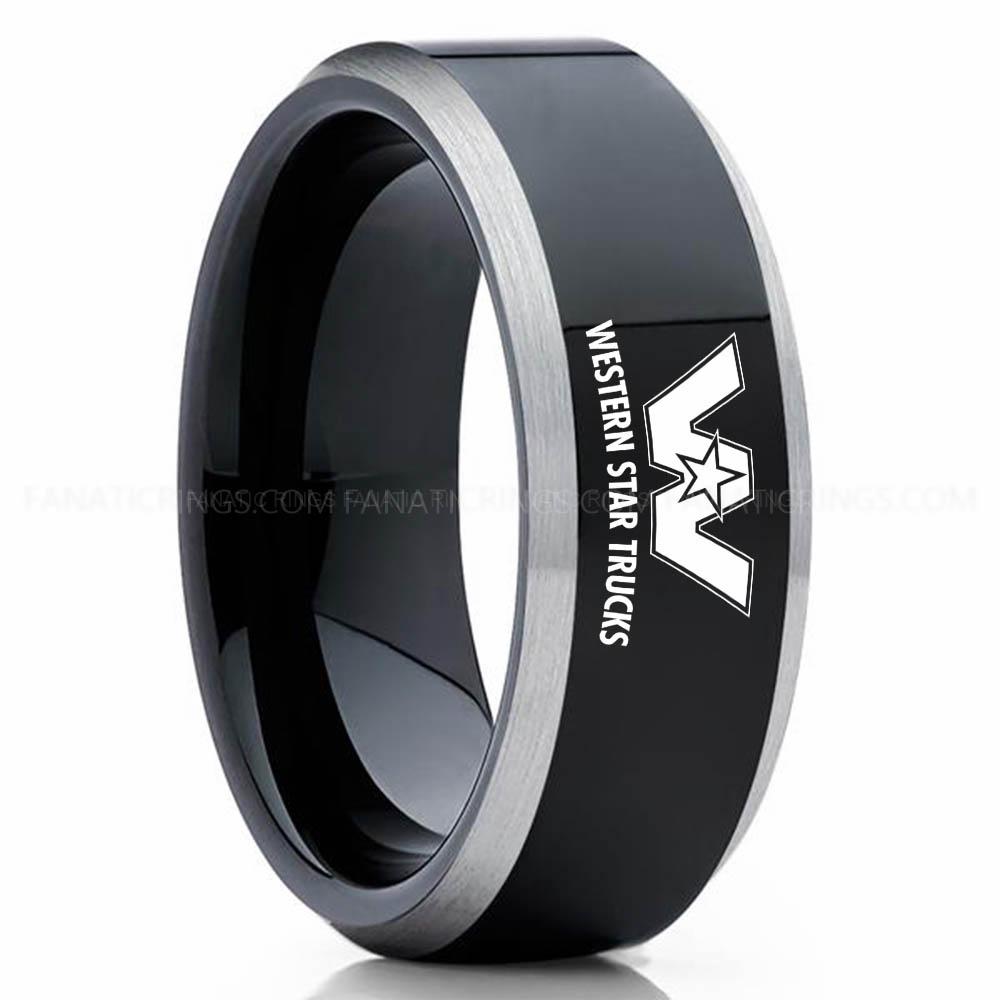 WST Black Silver Western Star Trucks Ring, Western Star Trucks Wedding Ring, Trucker Ring, Western Star Wedding Band, Western Star Jewelry - Image 1