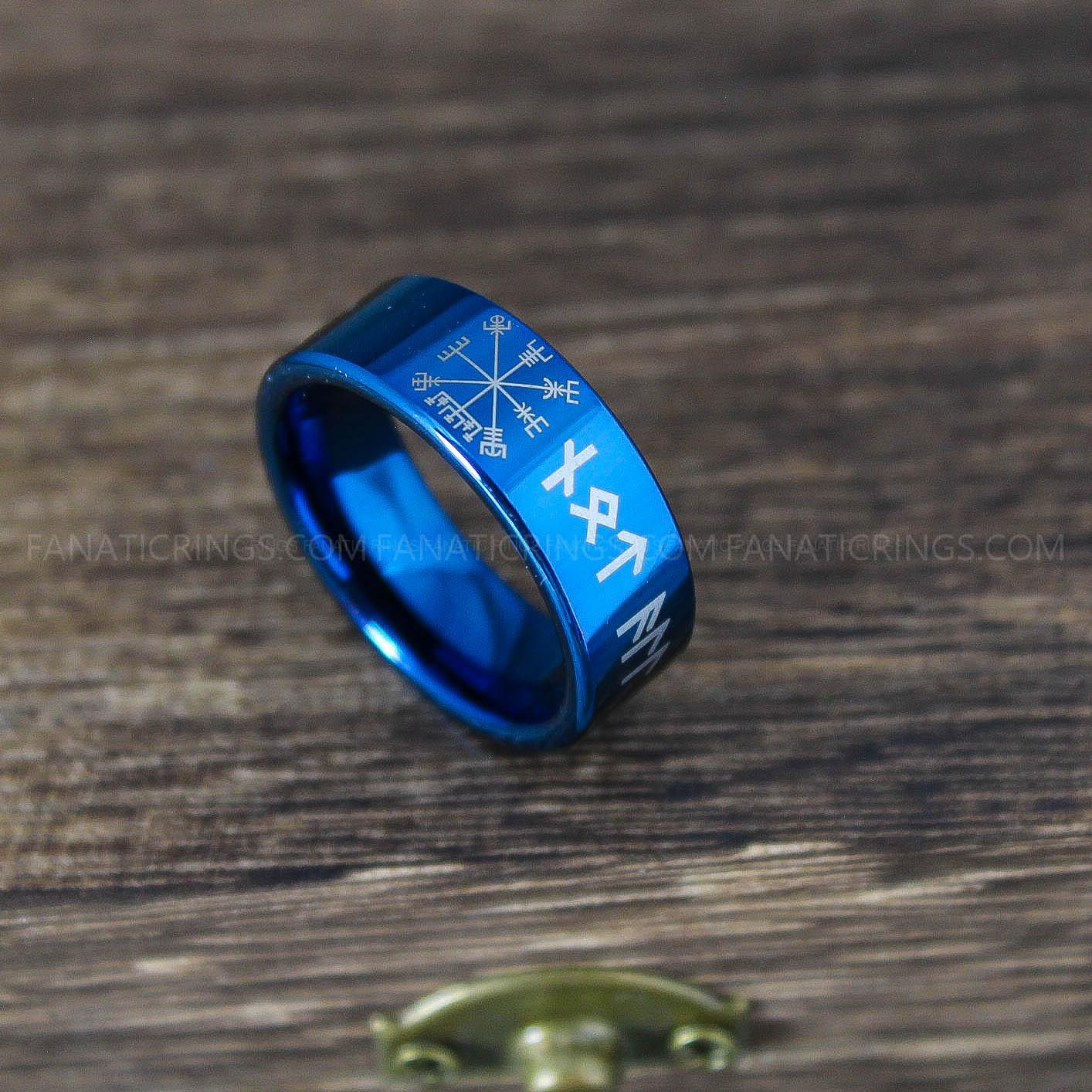 IMG_0015 Til Valhalla Ring, Viking Ring, Runes Ring, Valknut Ring, Nordic Ring, Norsemen Ring, Nordic Runes Ring, Blue Tungsten Band - Image 1