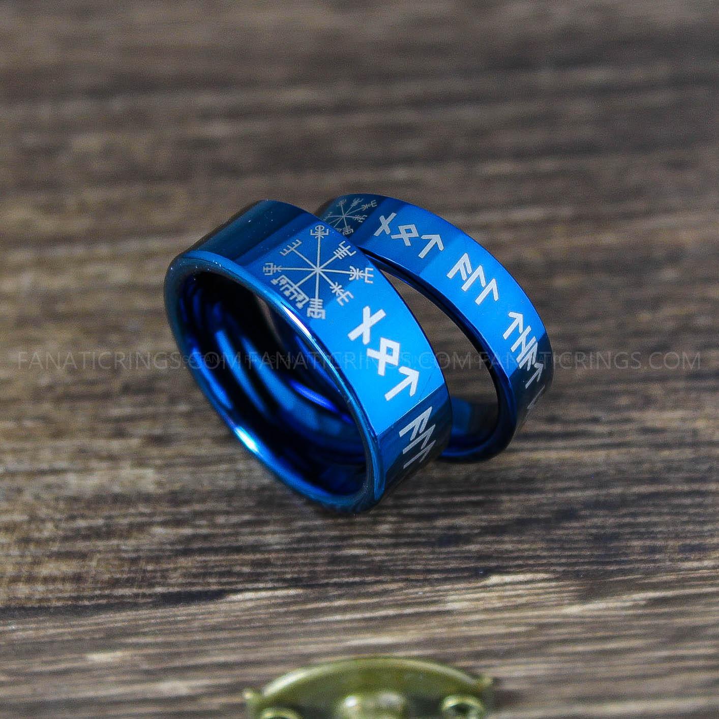 IMG_0016 Til Valhalla Ring, Viking Ring, Runes Ring, Valknut Ring, Nordic Ring, Norsemen Ring, Nordic Runes Ring, Blue Tungsten Band - Image 1