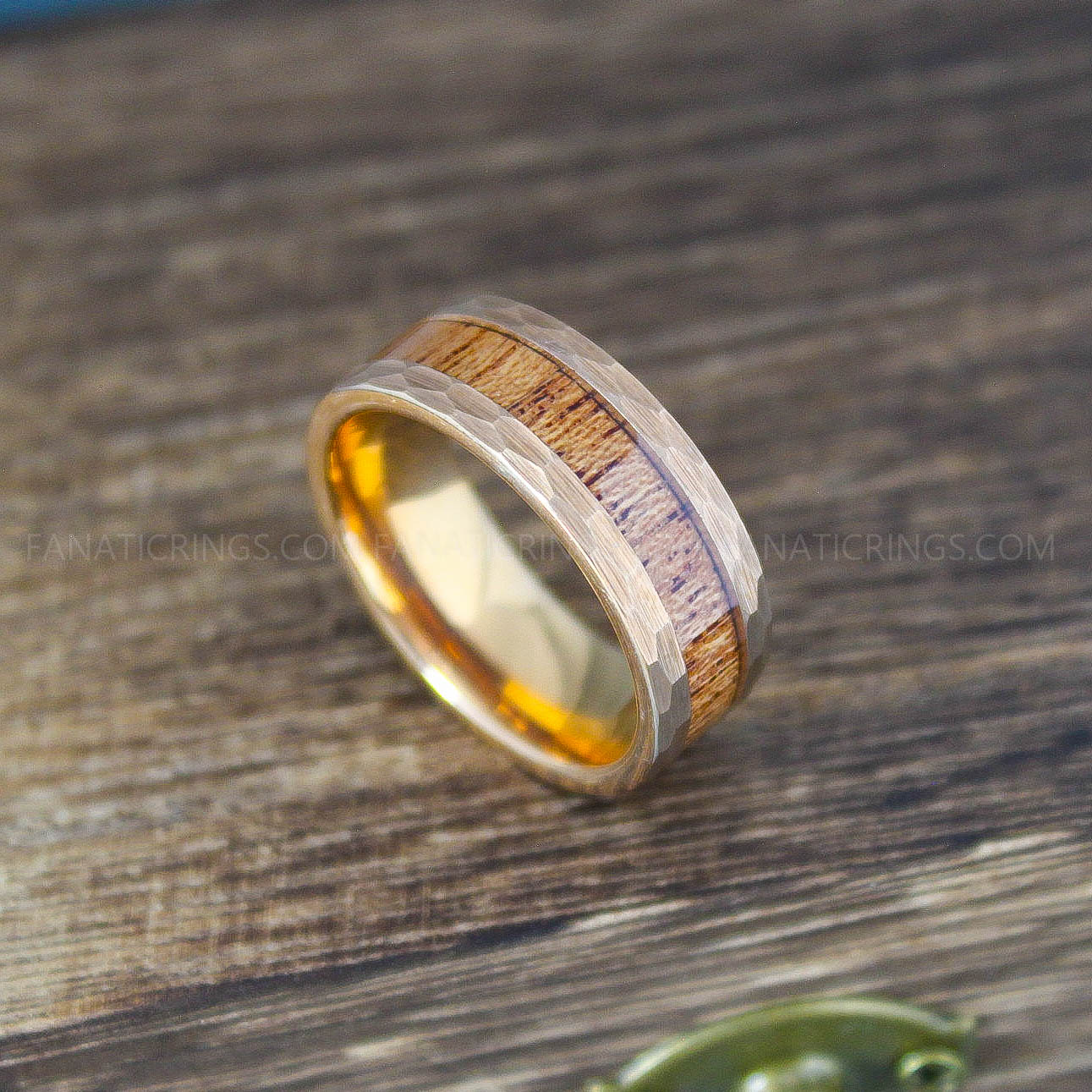 IMG_9973 Koa Wood Ring, Wood Wedding Band, Wood Wedding Ring, Hammered Ring, Rose Gold Wedding Band - Image 1