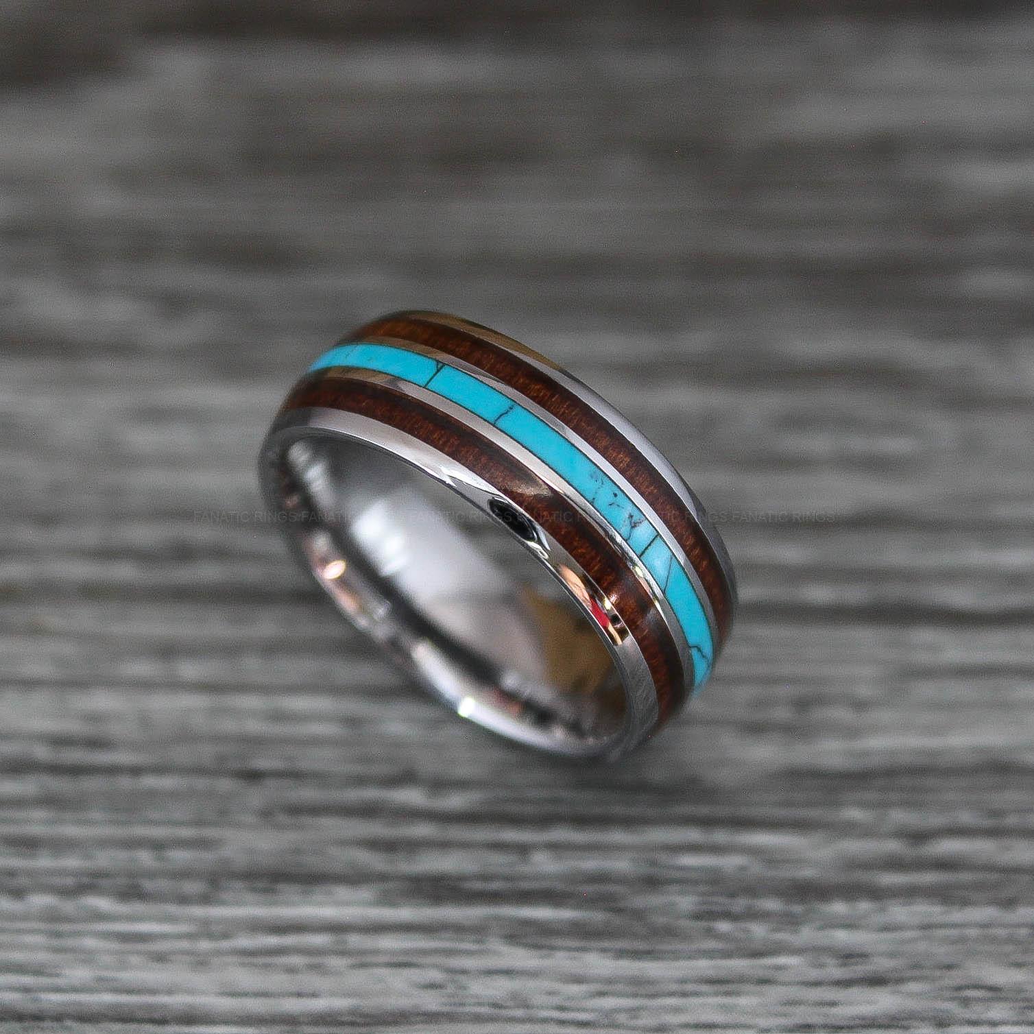 IMG_0489 Wood Ring, Turquoise Ring, Wood Wedding Band, Wood Wedding Ring, Silver Wedding Band - Image 1